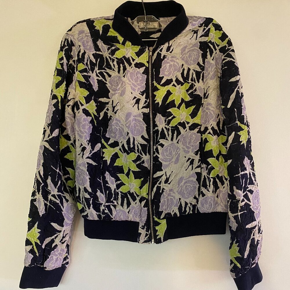 Nina Ricci crushed silk bomber jacket with floral print and pockets